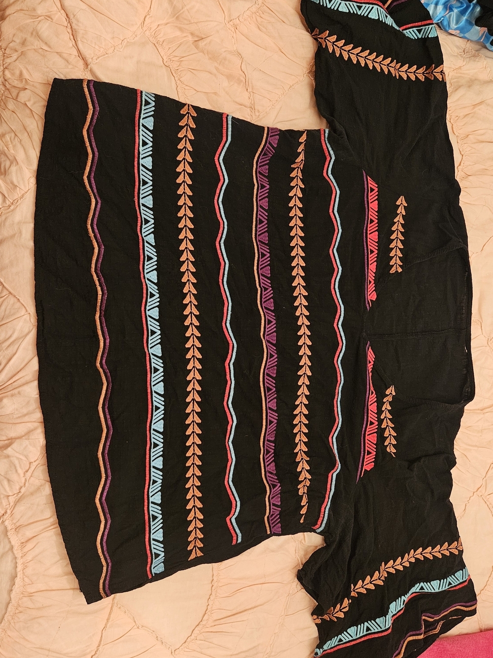 Black Embroidered Off-Shoulder Women’s Top with Multicolor Stripes